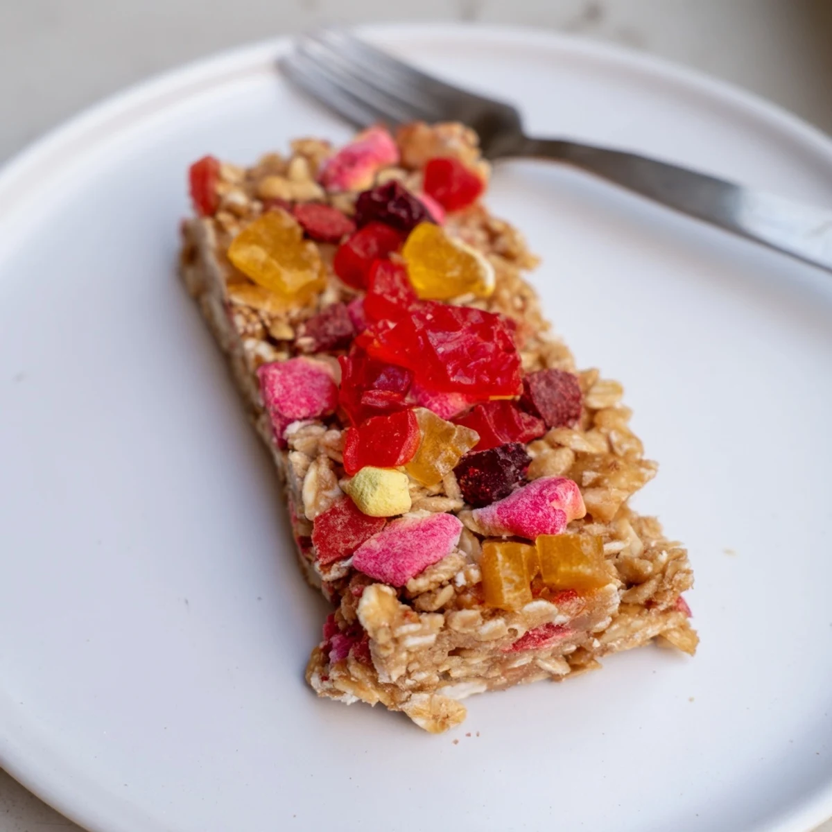 Vibrant freeze-dried candy mash-up on chewy homemade snack bars for delightful snacking.