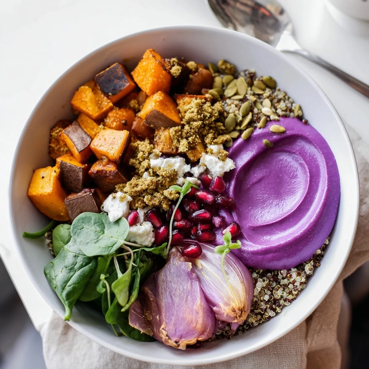 Delicious spiced winter bowls topped with crunchy pistachio-maple crumble and vibrant greens.