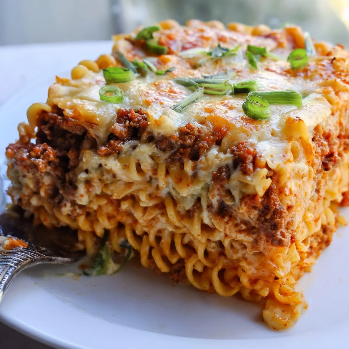 Hearty Spicy Ramen Lasagna layered with creamy cheese and zesty pork sauce.  