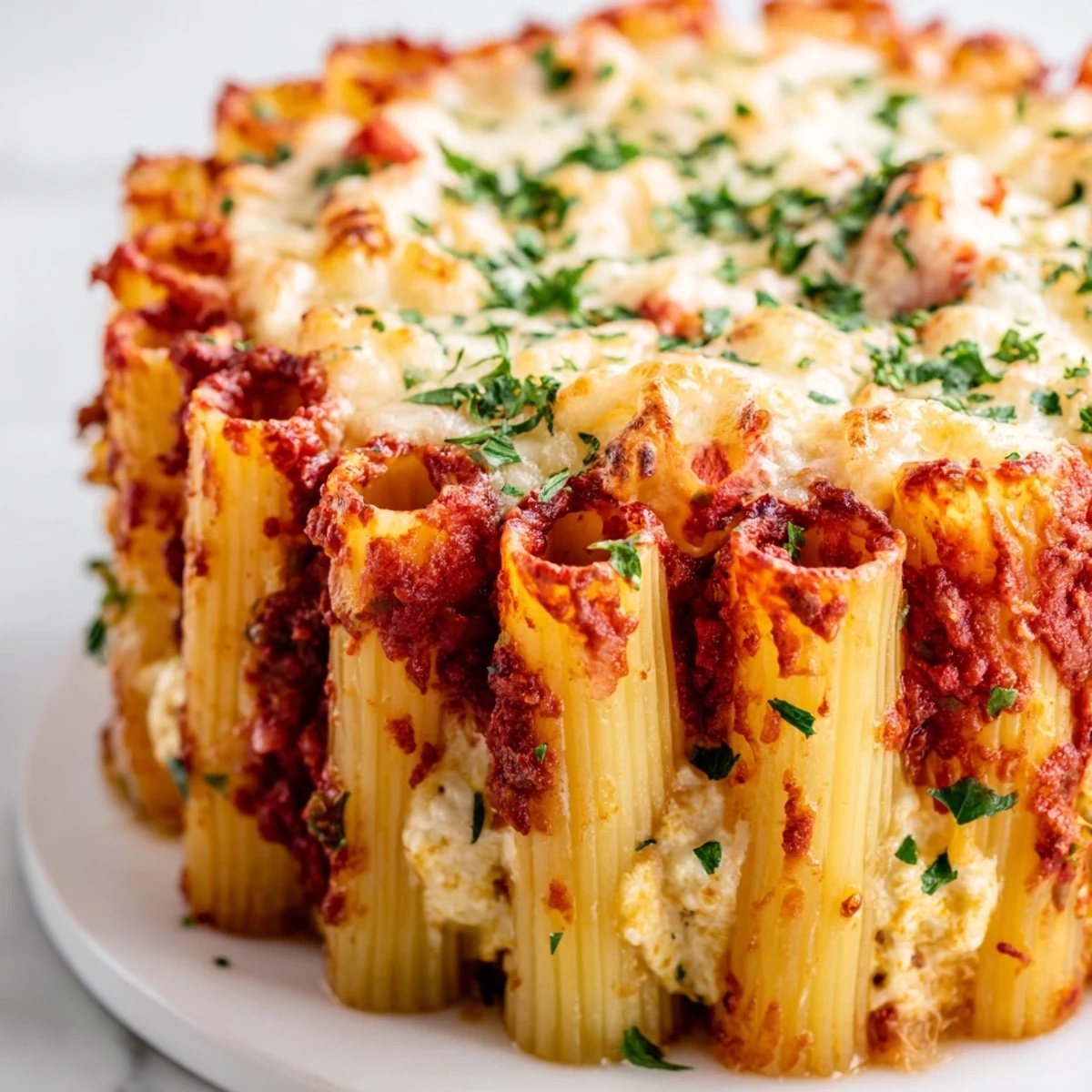 Delicious Honeycomb Pasta Cake, showcasing rigatoni filled with cheese and topped with herbs.