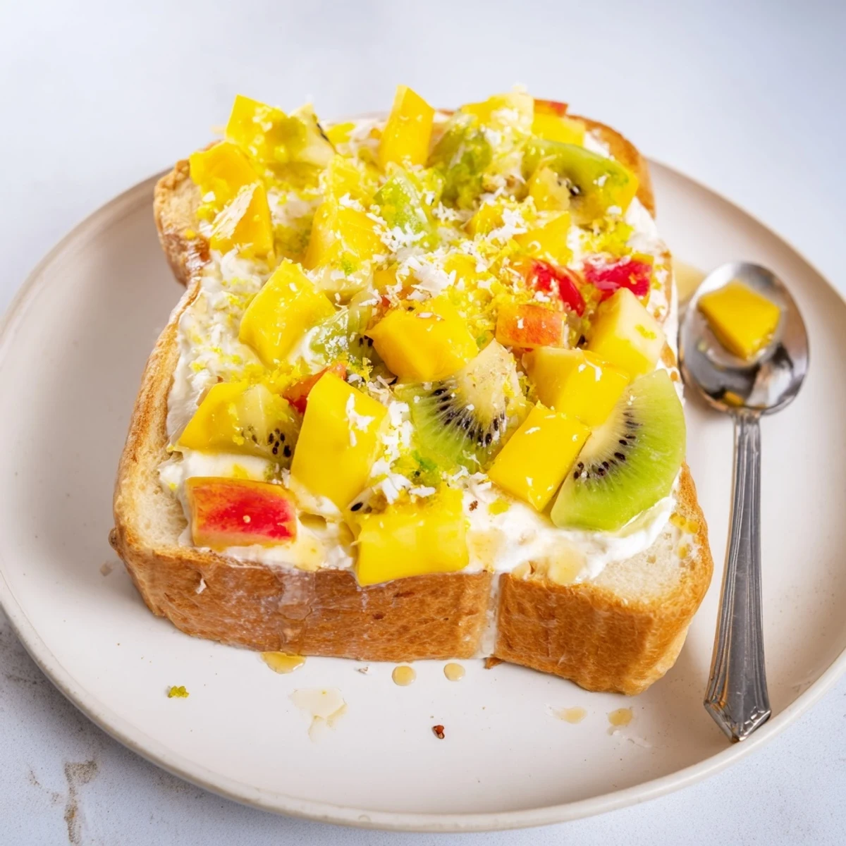 Creamy yogurt-custard toast topped with tropical fruits for a delightful brunch.  