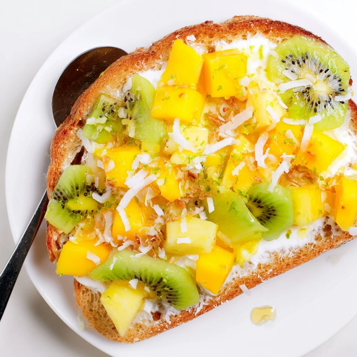 Vibrant yogurt-custard toast featuring coconut and fresh mango, perfect for breakfast.  