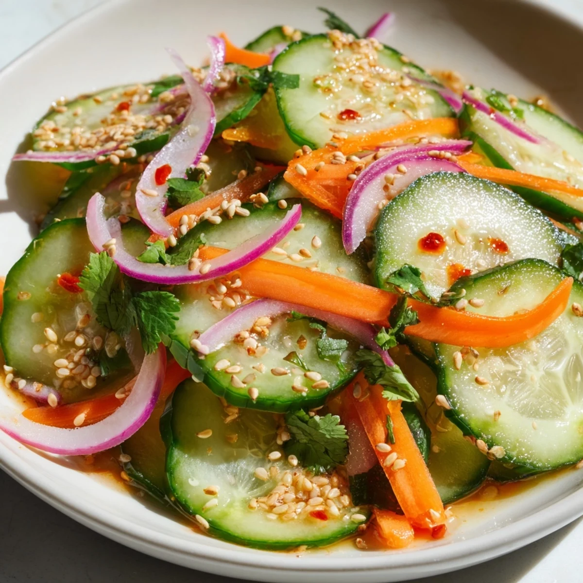 Refreshing cucumber salad remix drizzled with sesame oil and colorful veggies.  