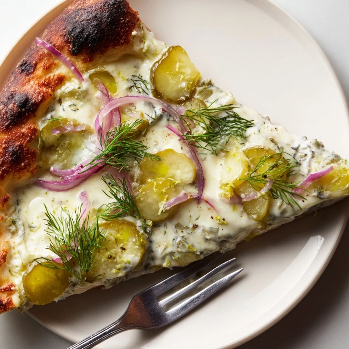 Delicious Pickle Pizza with melted mozzarella and crumbled dill garnish for extra zest.  