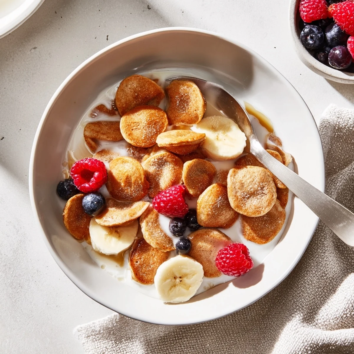 Delicious mini pancake cereal served warm, with syrup and fresh berries.  