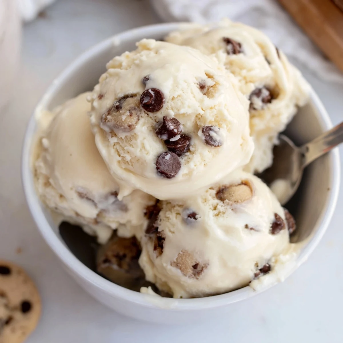 Rich and smooth Cottage Cheese Ice Cream with Cookie Dough, served in a chilled bowl.