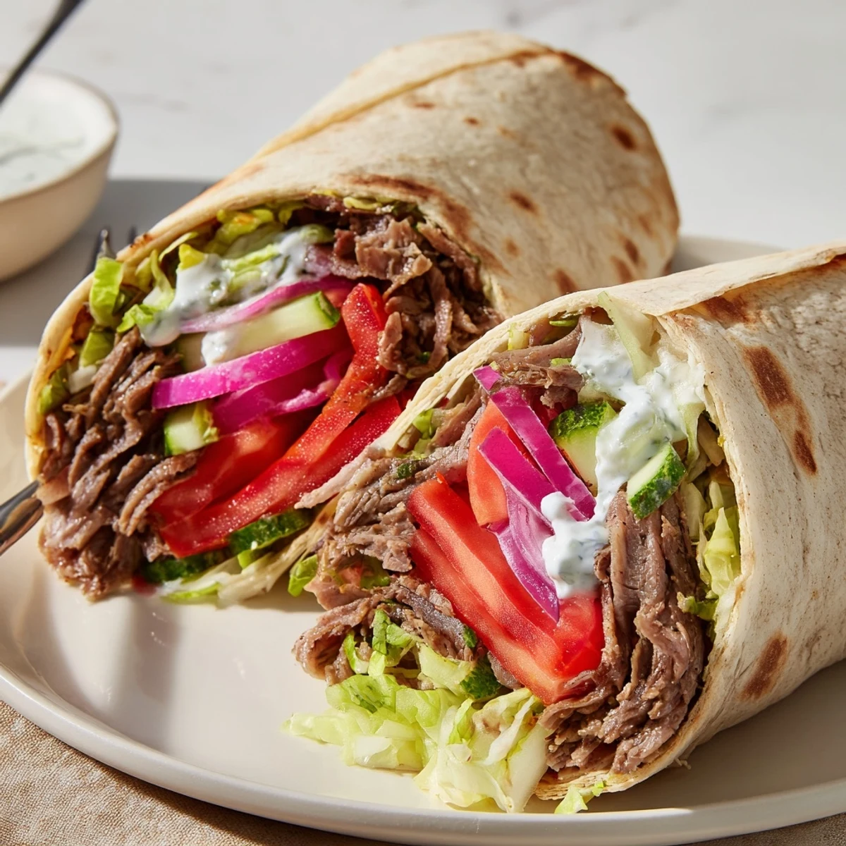 Tender beef shawarma wraps drizzled with creamy yogurt sauce, bursting with flavor.  