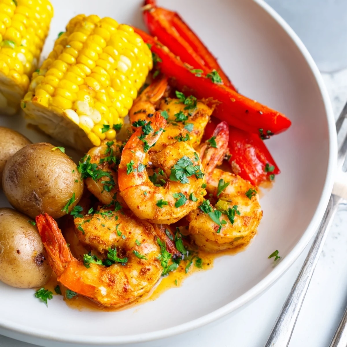 Cajun shrimp & sweet corn platter bursting with flavors and colorful summer veggies.  