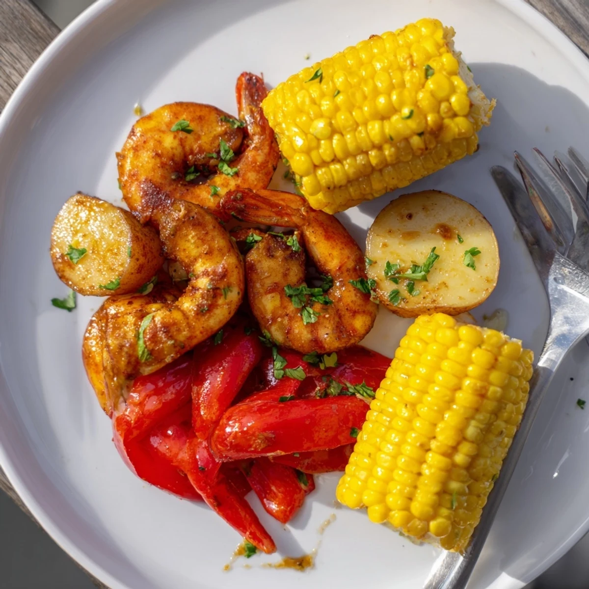 Spicy Cajun shrimp & sweet corn platter served with roasted potatoes and fresh parsley.  