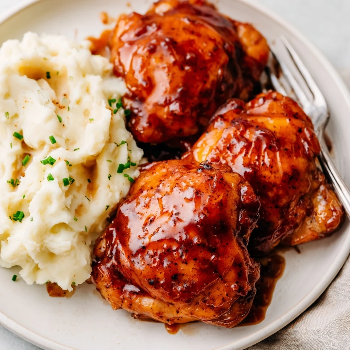 Delicious, glazed honey BBQ chicken thighs with fluffy garlic mashed potatoes in a cozy setting.  