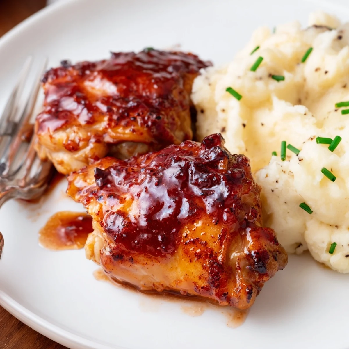 Oven-baked honey BBQ chicken thighs paired with smooth garlic mashed potatoes for a hearty meal.