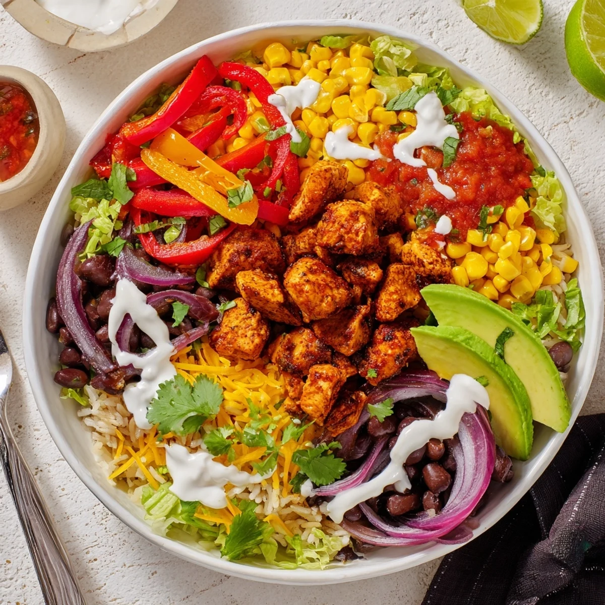 Colorful Sheet Pan Chicken Burrito Bowls served with lime wedges and tortilla chips.