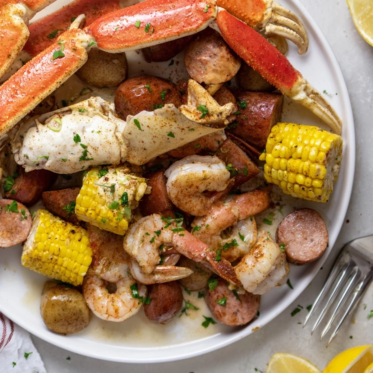 Festive Seafood Boil with Crab, Shrimp & Sausage served on a large platter.  