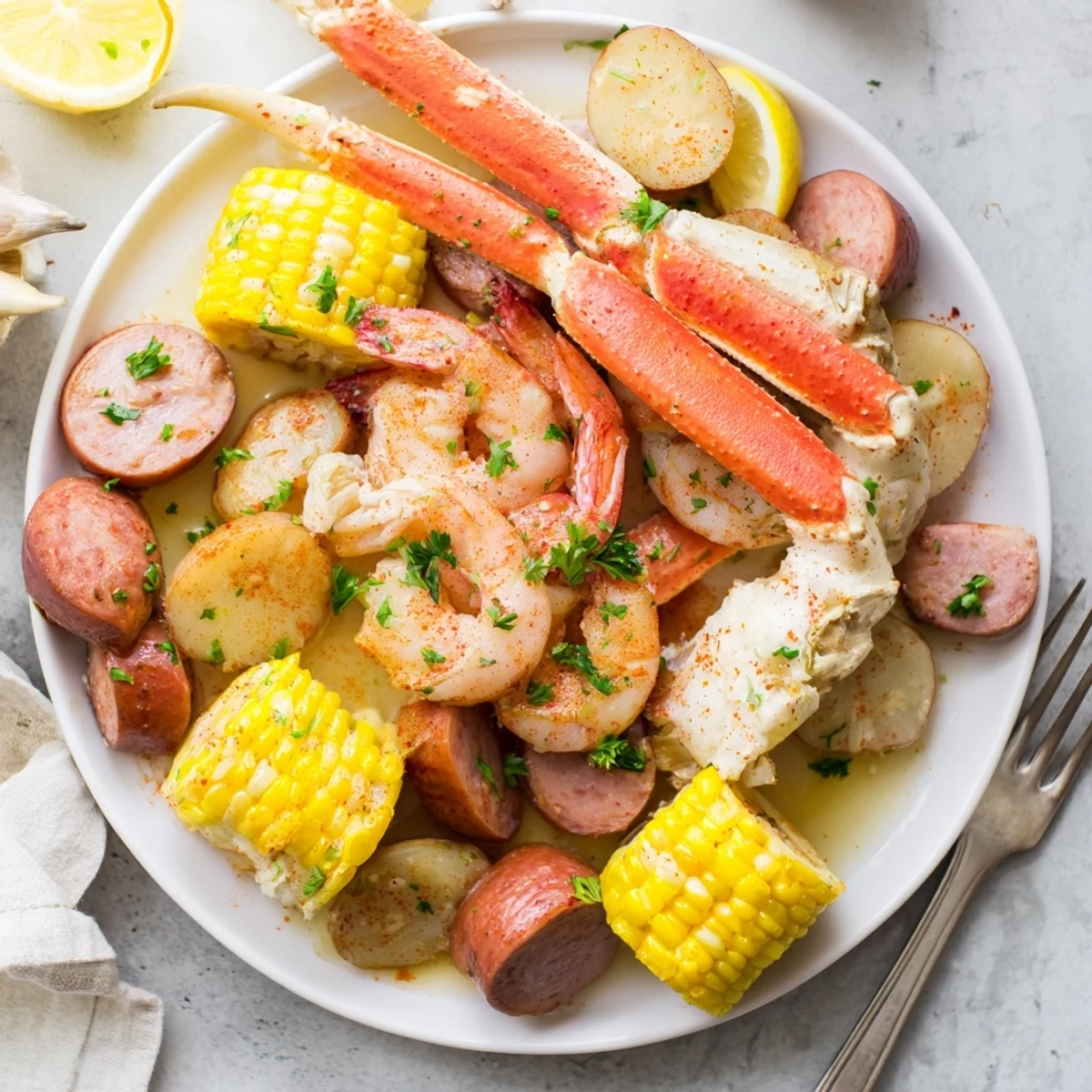 Vibrant Seafood Boil bursting with crab, shrimp, and corn, drizzled with butter.
