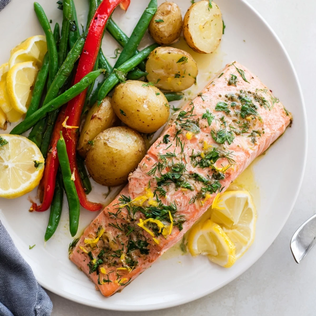 Succulent Lemon Herb Salmon & Potato Sheet Pan with crispy veggies and zesty flavors.  