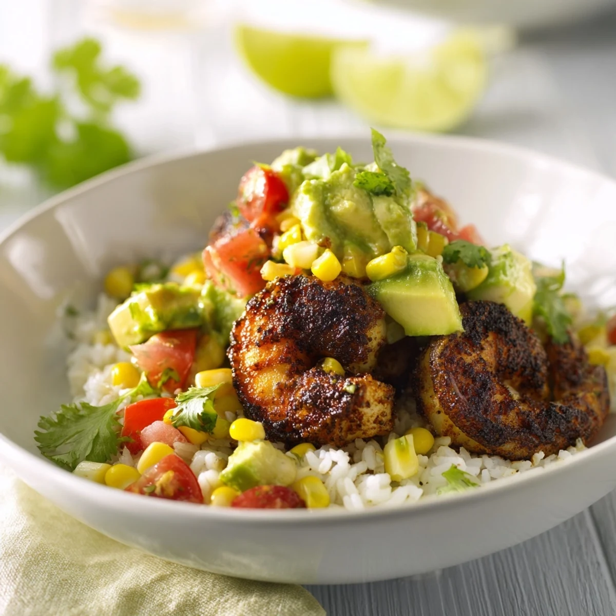 Flavorful blackened shrimp over rice, garnished with zesty avocado corn salsa.