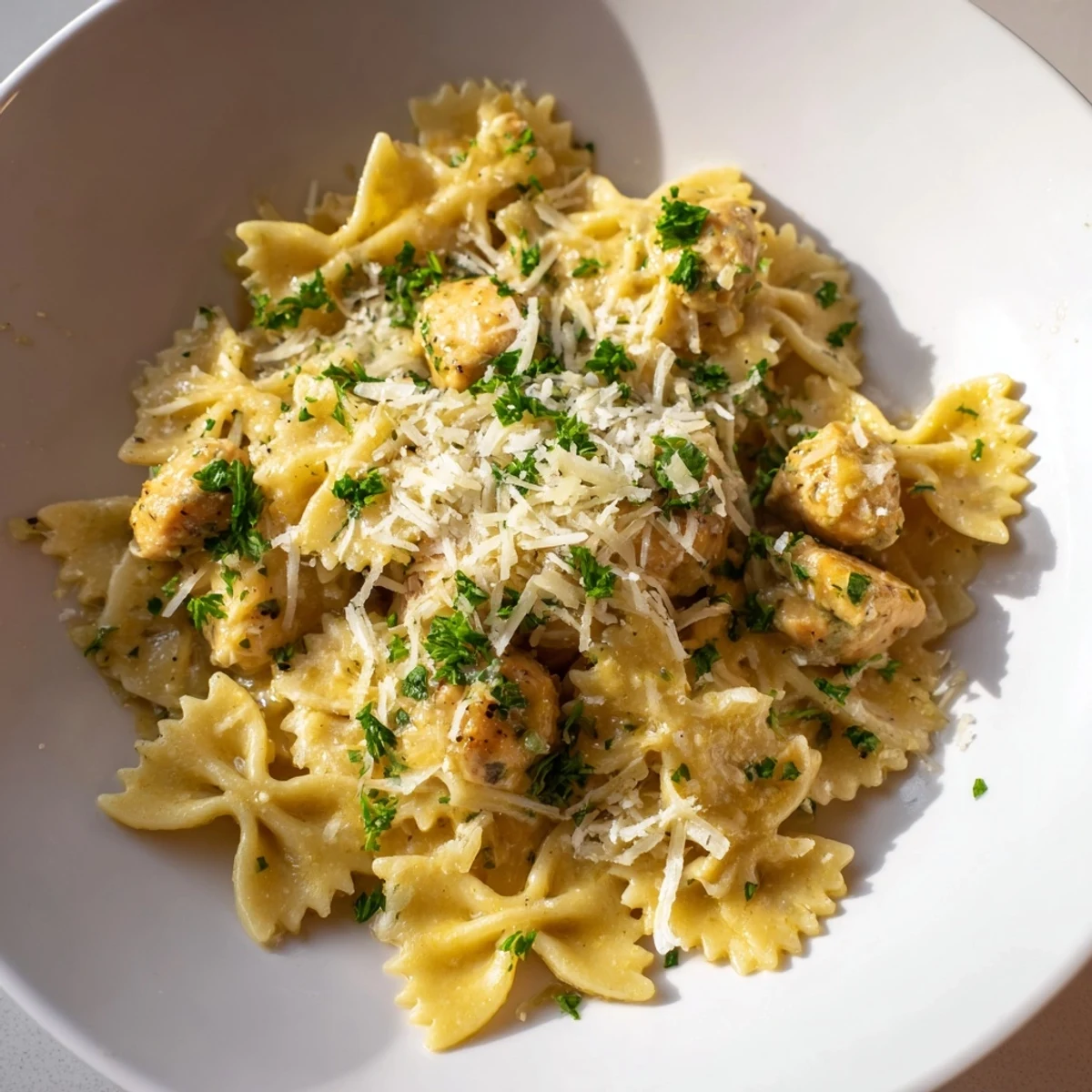 A close-up of creamy Mozzarella Garlic Butter Chicken Bowties served with chopped parsley garnish.