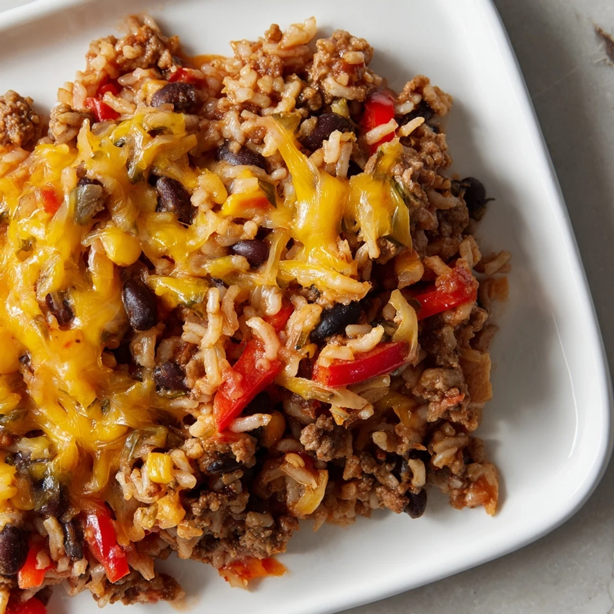 Tex-Mex Beef & Rice Casserole bubbling hot, covered in melted cheddar, ready to serve and enjoy.