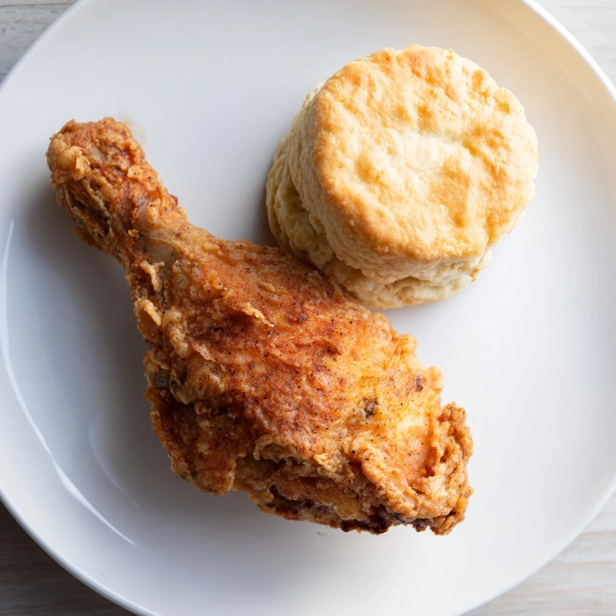 Golden-brown pieces of Southern Fried Chicken beside warm, fluffy buttermilk biscuits on a plate.