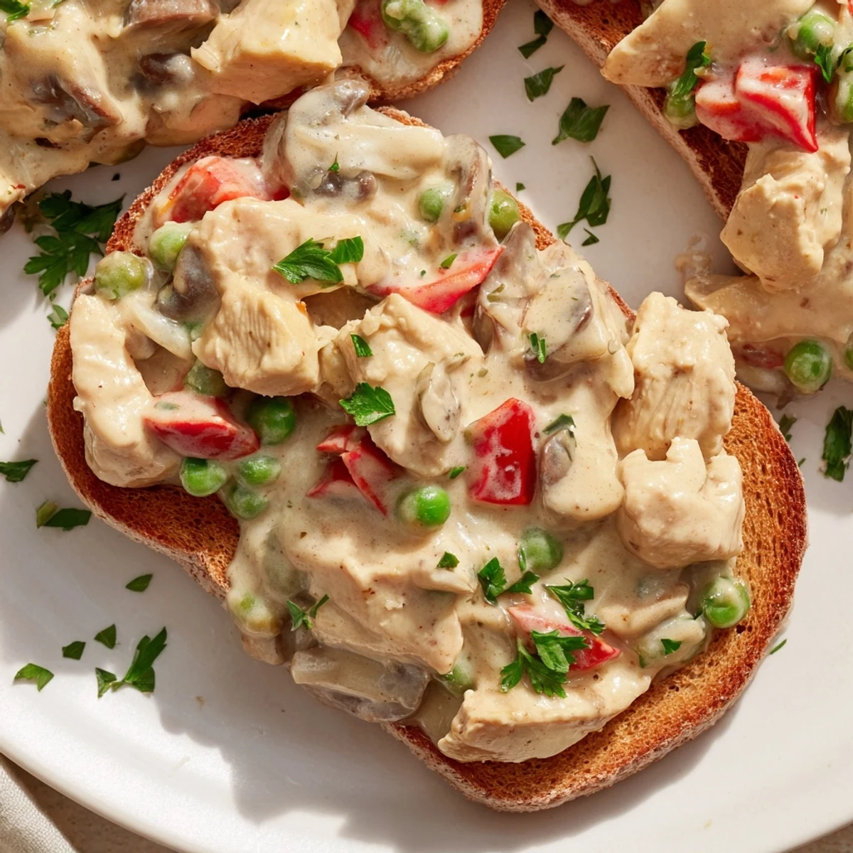 Creamy chicken à la king, a comforting American classic, served atop golden toast, appealing and delicious.