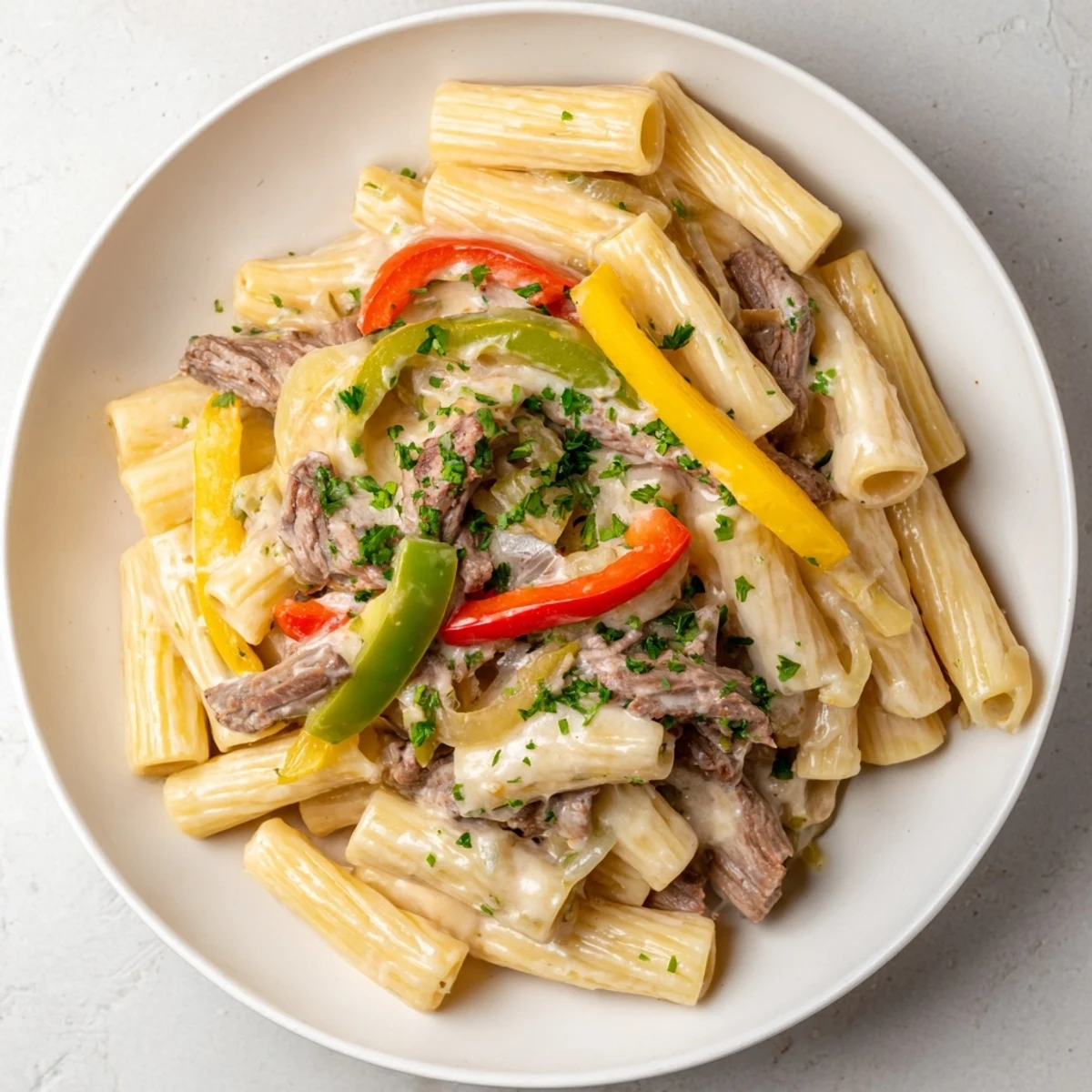 Philly Cheese Steak Pasta with tender beef, peppers, and creamy cheese sauce, ready to eat.