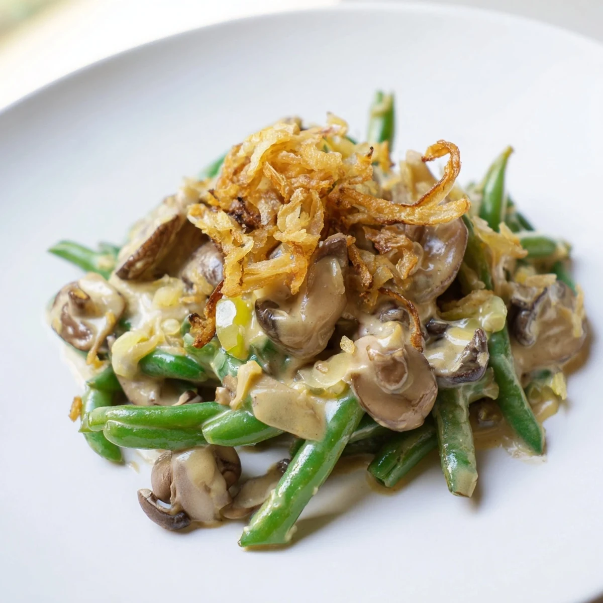 This creamy Old-School Green Bean Casserole features tender green beans in a rich mushroom and onion sauce.
