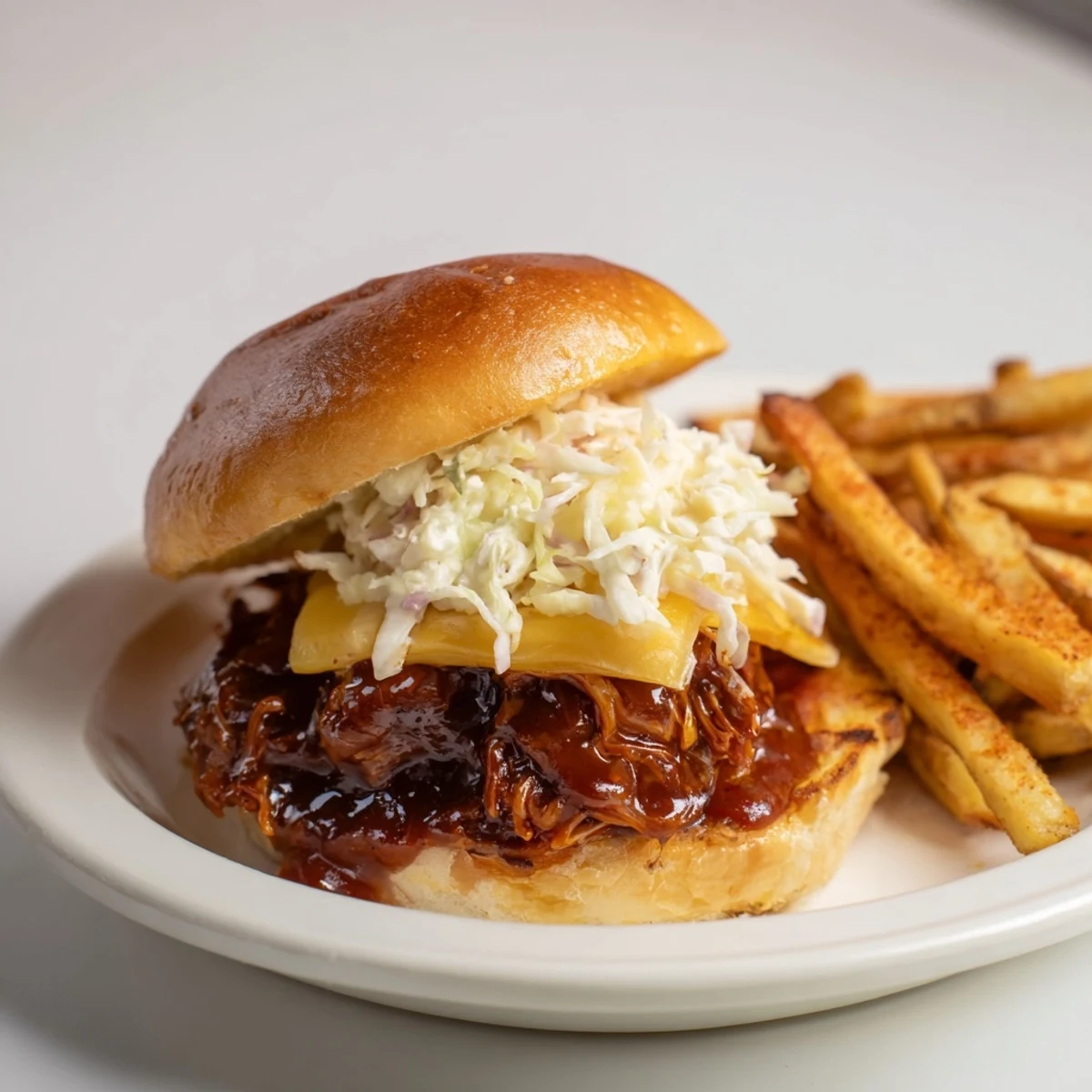 Tender BBQ chicken sliders stacked with cheese and coleslaw, served alongside hot, golden fries.