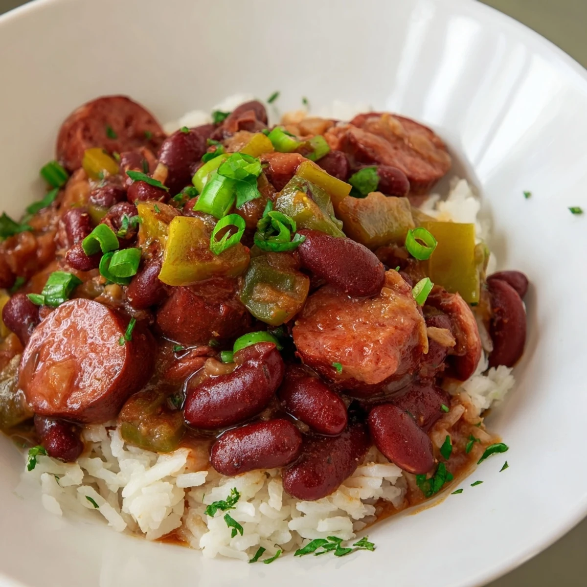 Steaming bowl of Red Beans & Rice, flavorful with sausage, ready for a comforting weeknight meal.