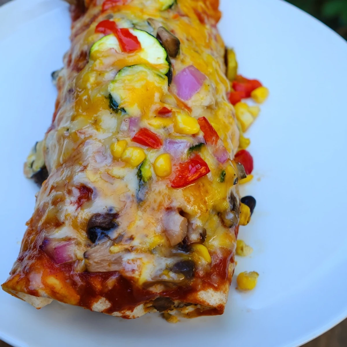 Farmers Market Vegetarian Enchiladas bubbling with cheese and a vibrant, flavorful vegetable filling; a perfect dinner.