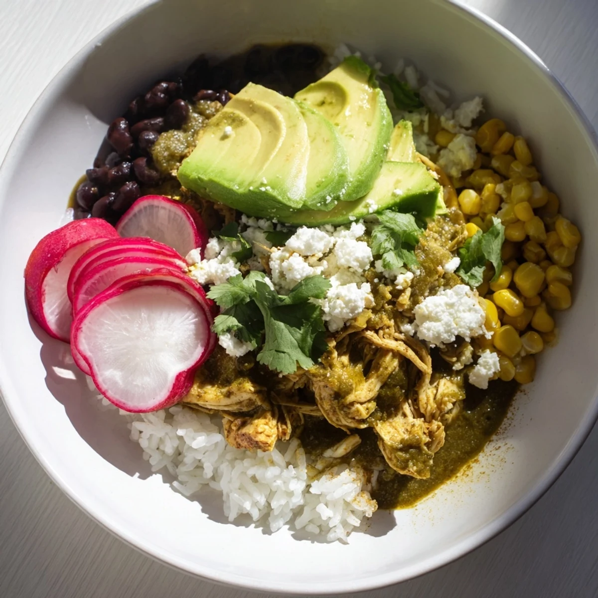 Steaming Green Enchiladas Rice Bowl bursting with colorful veggies and creamy avocado, ready to eat.
