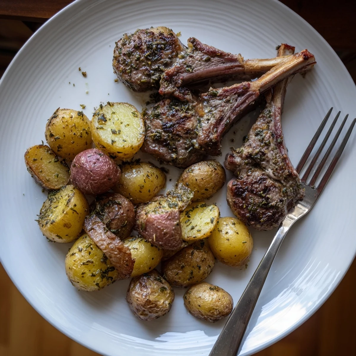 Golden-brown herbed lamb chops alongside perfectly roasted potatoes, a delightful meal.