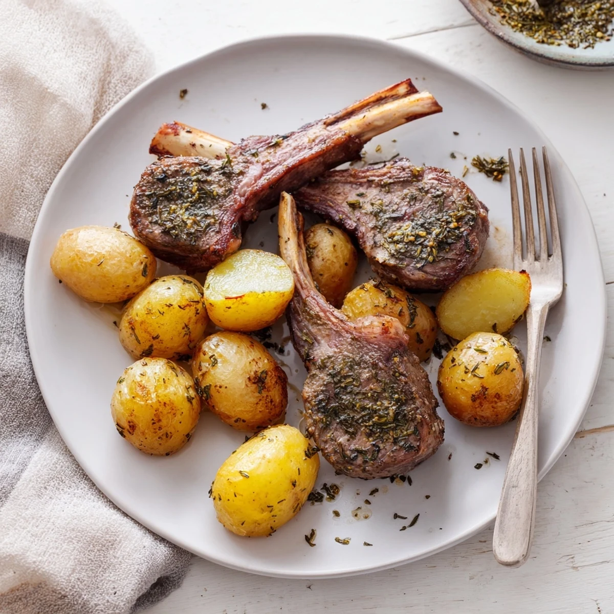 Close-up of juicy herbed lamb chops sizzling with crispy potatoes, ready for serving.
