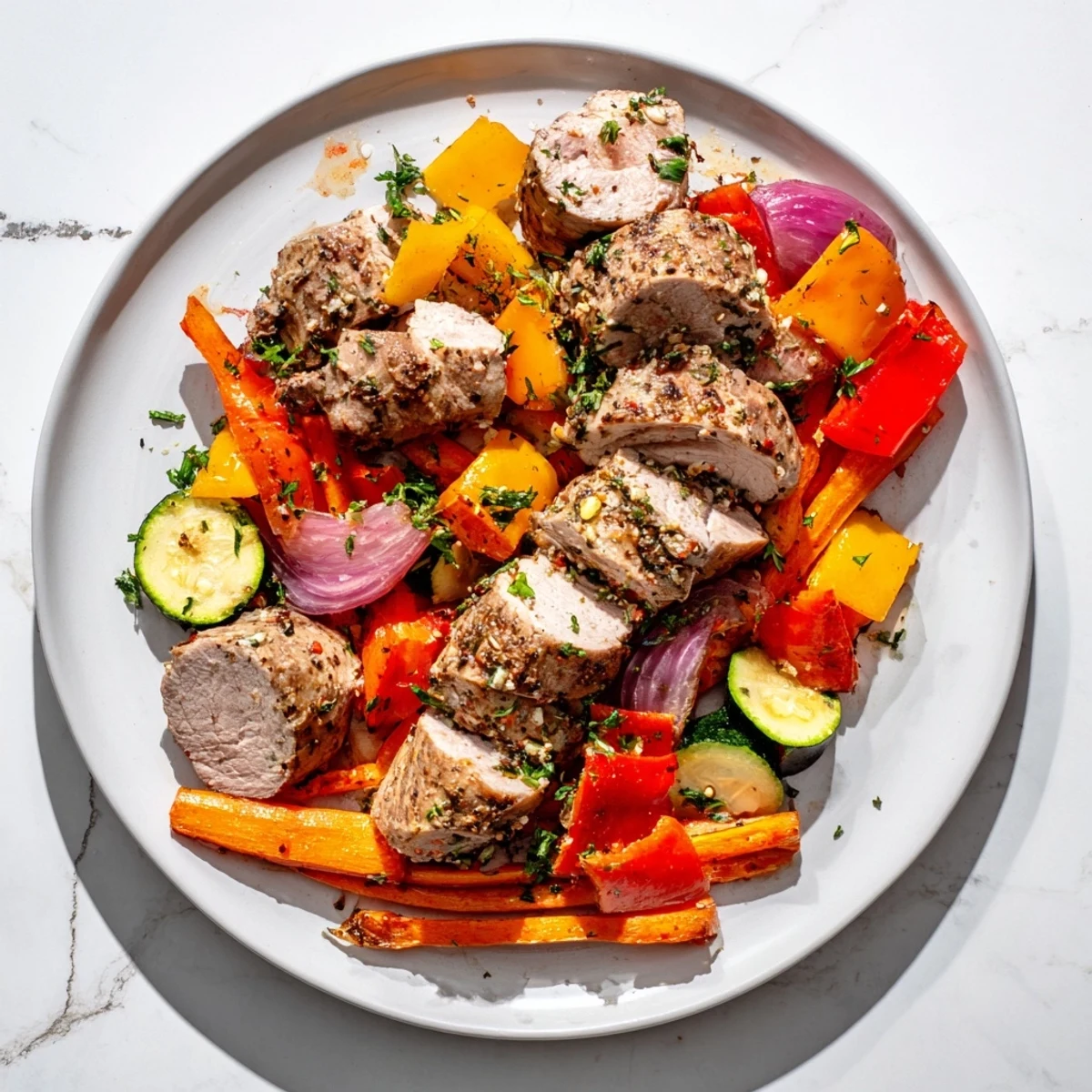 Juicy Roasted Garlic Pork Tenderloin, served with sizzling roasted bell peppers, carrots, and onions.