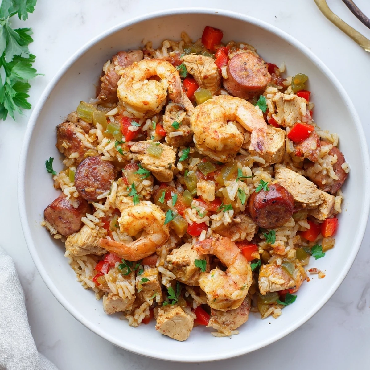 The photo showcases a generous serving of Cajun Jambalaya Rice Bowl, overflowing with savory meats and rice.