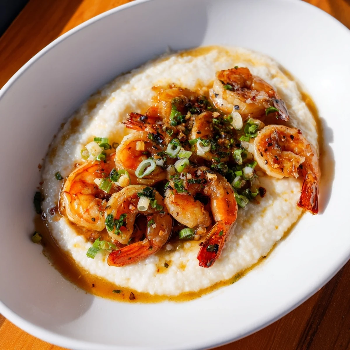 Creamy Shrimp & Grits; the grits are smooth, with perfectly cooked garlic butter shrimp.