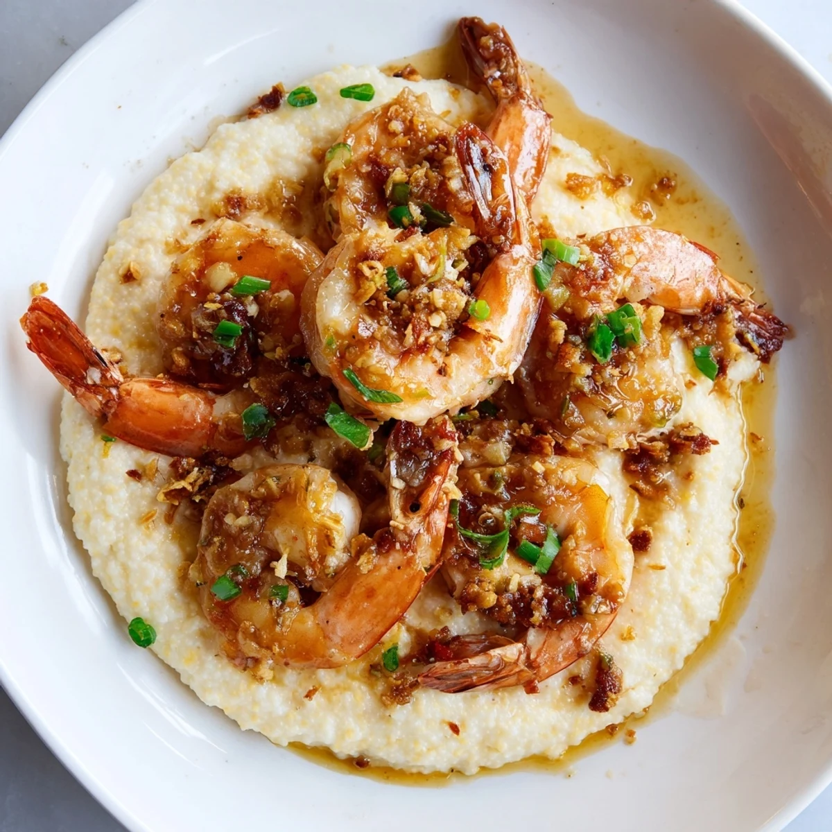 Vibrant Shrimp & Grits: A close-up shows tender shrimp in garlic butter, over cheesy grits.