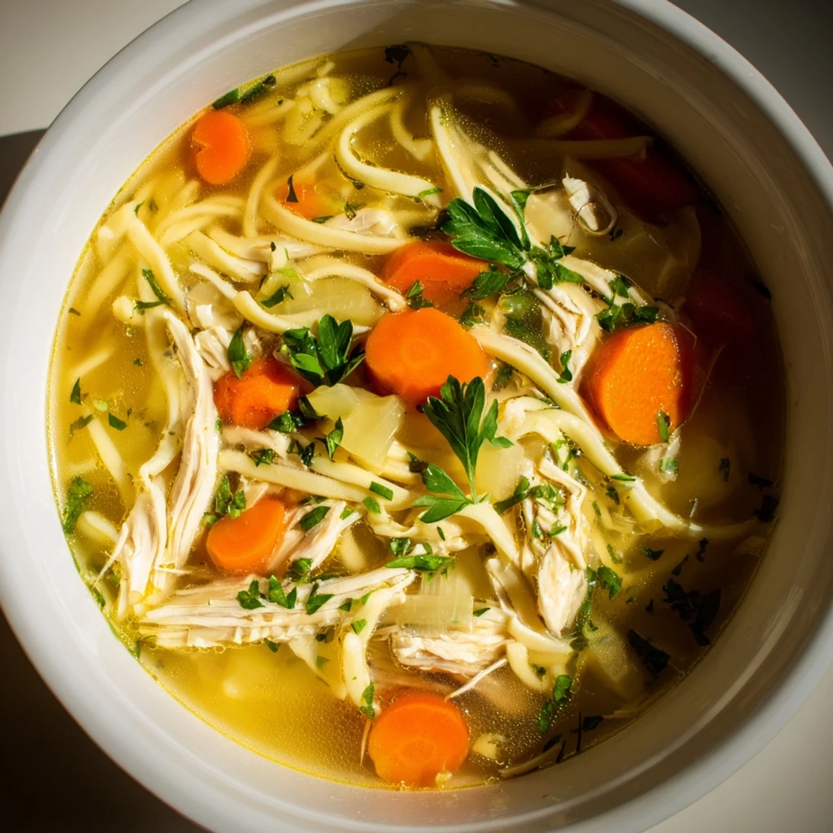 Steaming bowl of homemade chicken noodle soup, brimming with tender chicken and vegetables.