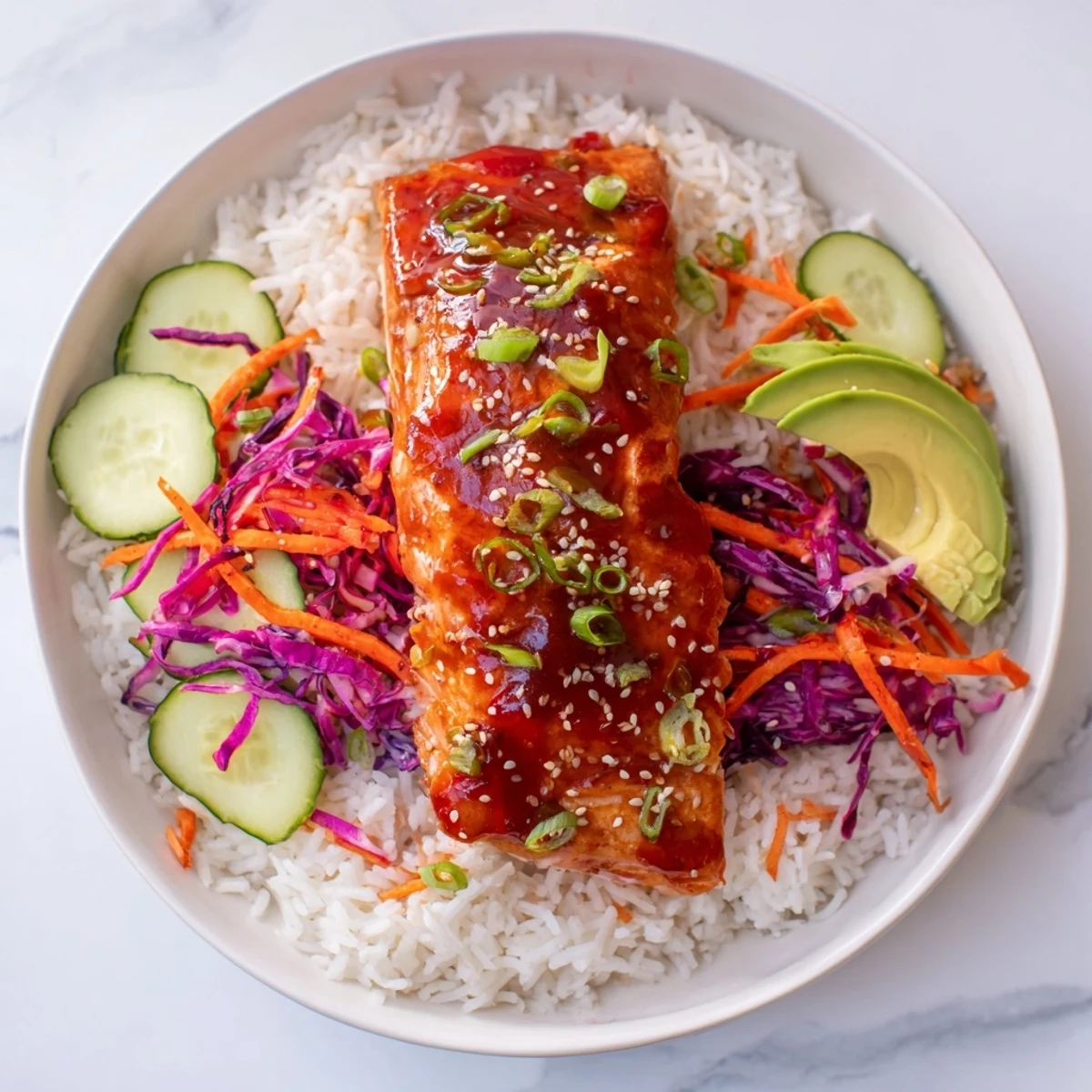 Sweet Chili Salmon Rice Bowl: a close-up image of glistening salmon atop fluffy rice with vibrant vegetables.