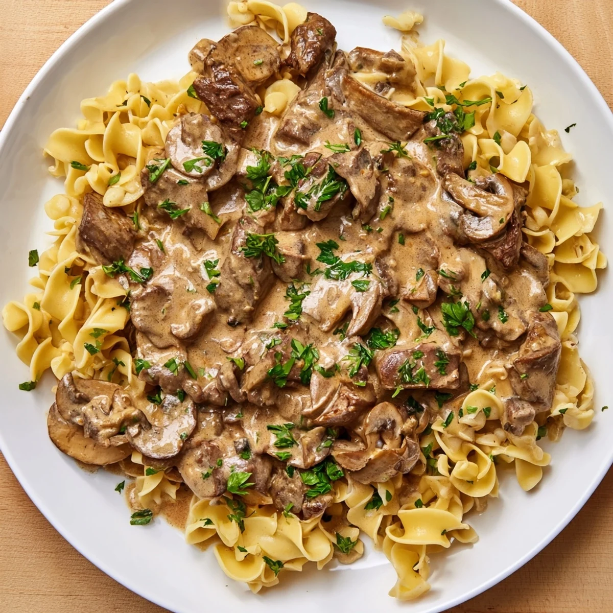 Creamy Mushroom Beef Stroganoff with rich, brown beef and a luscious cream sauce, ready to eat.