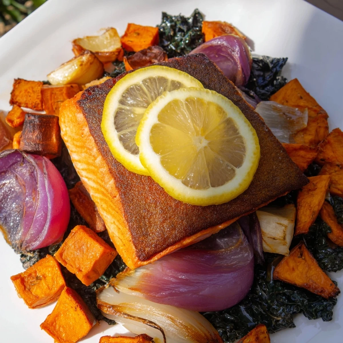 Flaky Sheet-Pan Salmon with root vegetables, glistening and ready to serve, a colorful, healthy meal.