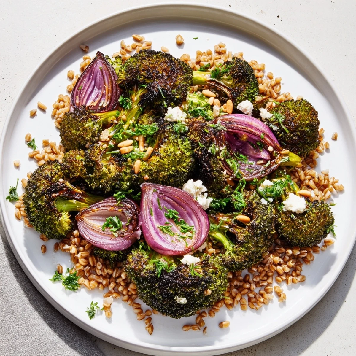 Warm roasted broccoli with a vibrant lemon-garlic dressing, highlighting the farro base.