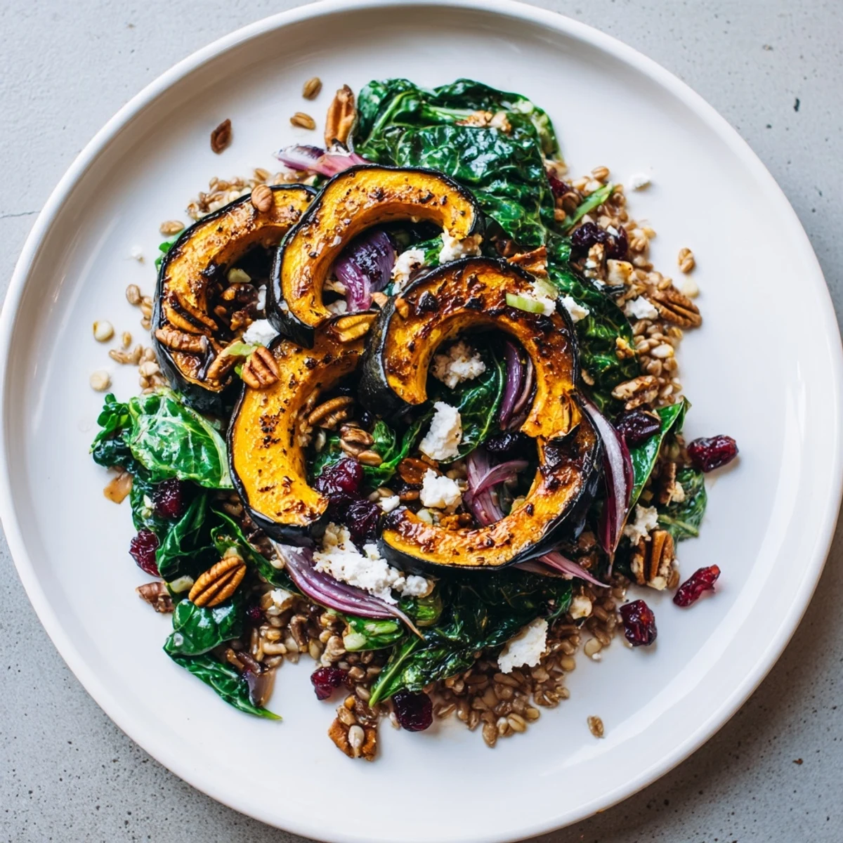 Warm, golden maple-roasted acorn squash crowns this hearty Farro & Mustard Green Salad with a zesty vinaigrette.