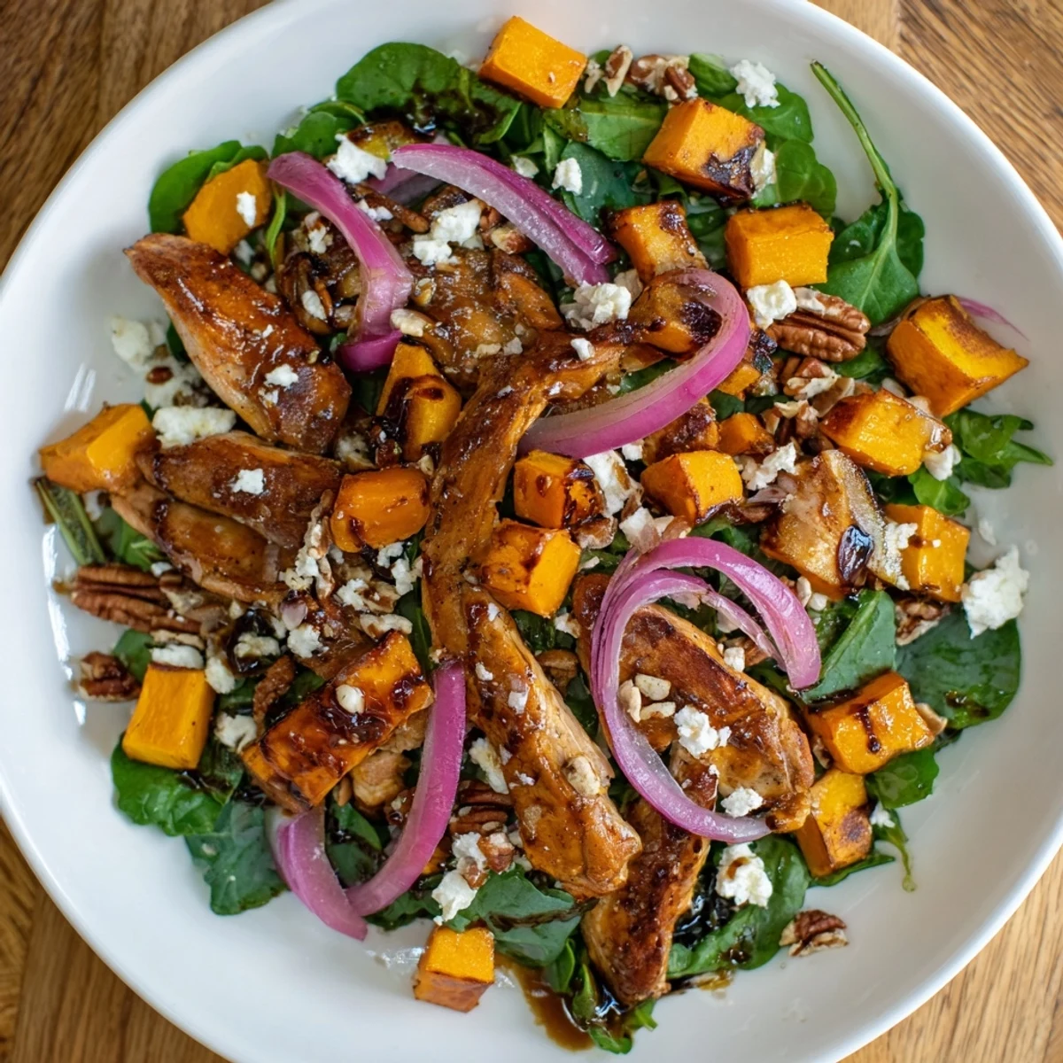 A warm, inviting image of the Roasted Chicken & Winter Squash Sheet-Pan Salad, flavorful chicken with colorful veggies.