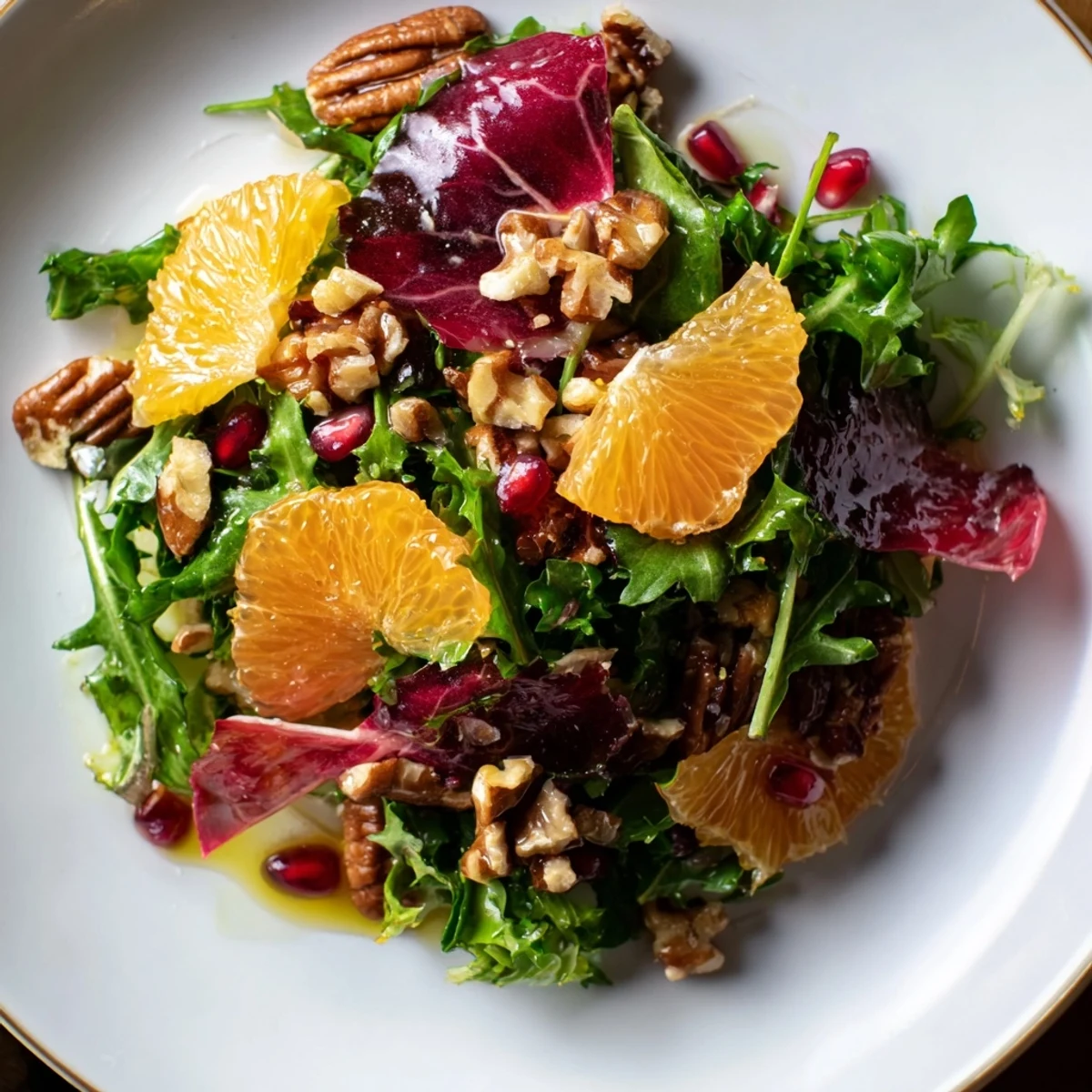 Vibrant Winter Greens Salad with citrus, pomegranate, and toasted nuts, a refreshing and colorful dish.
