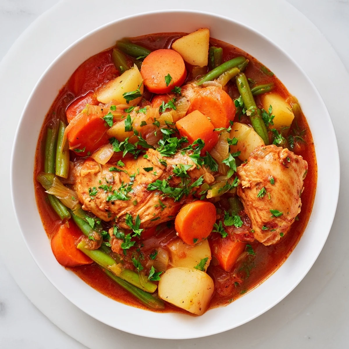 Golden-brown chicken and vegetables simmer in a rich broth for this slow-cooker chicken & vegetable stew.