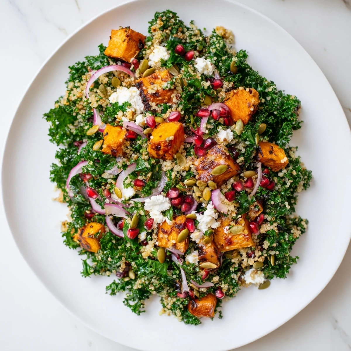 Vibrant Kale & Quinoa Salad with Lemon Dressing, featuring roasted sweet potatoes, a colorful and healthy meal.
