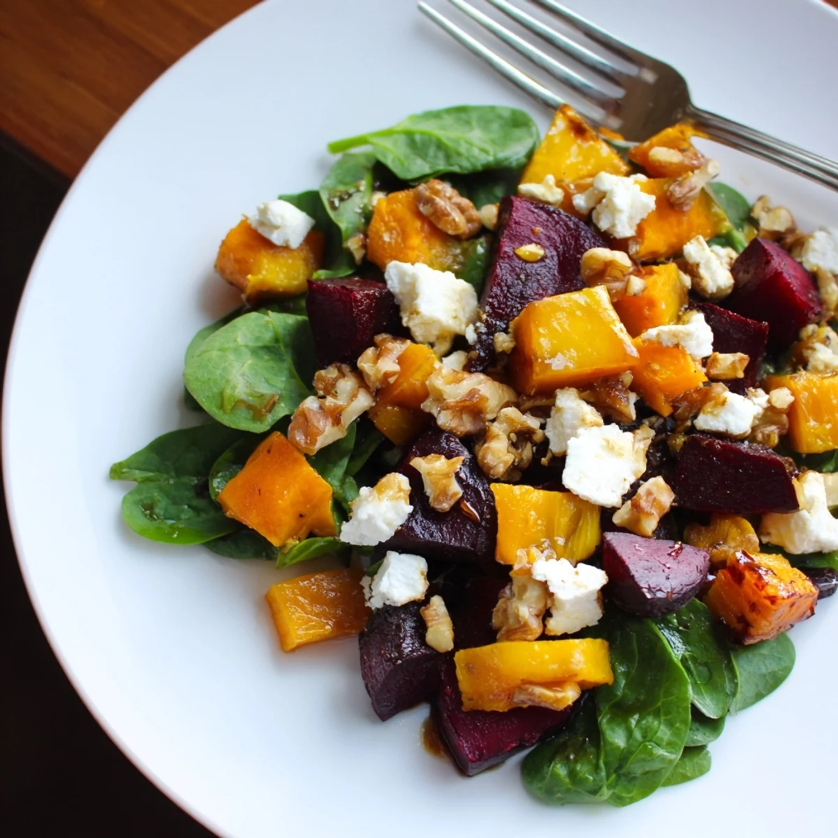 Warm, colorful photo: a fresh Roasted Beet, Butternut & Spinach Salad with balsamic dressing.