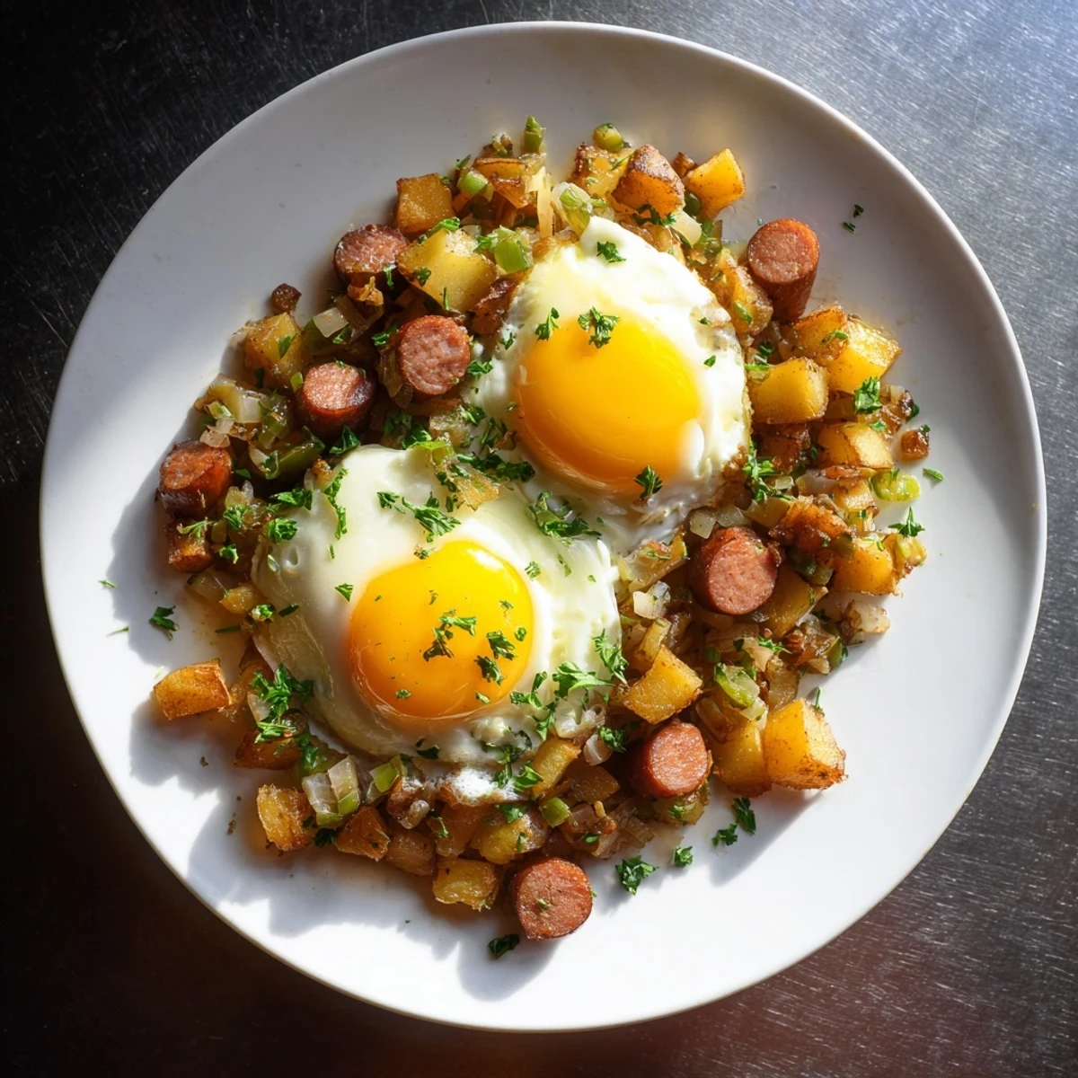 A close-up of a sizzling skillet of Egg & Potato Hash, with perfectly cooked eggs and crispy potatoes.