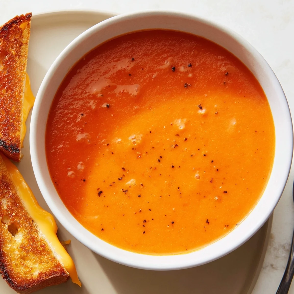 Steaming bowl of 5-Ingredient Tomato Soup and Grilled Cheese, a classic American comfort food combo.