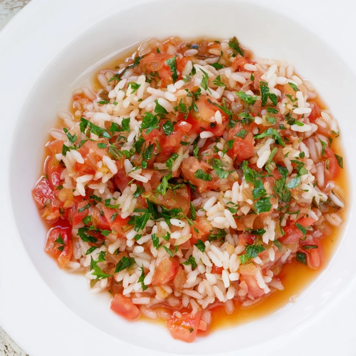 Steaming Tomato-Rice Skillet Dinner, with bright red tomatoes, a comforting vegetarian meal ready to serve.